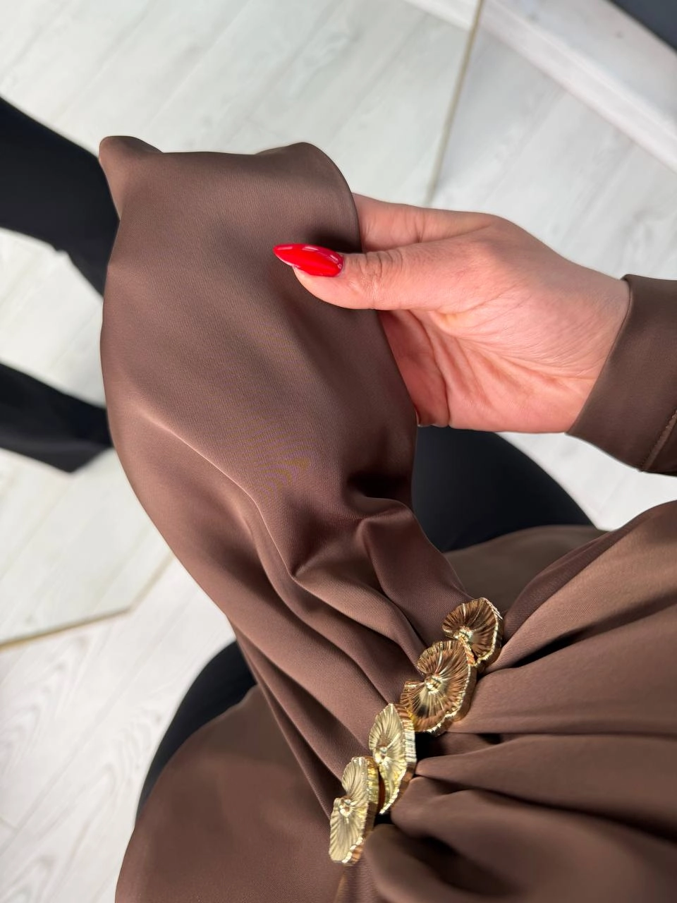 Kahverengi%20Lüks%20Kalite%20Bel%20Detay%20Tok%20Saten%20Bluz