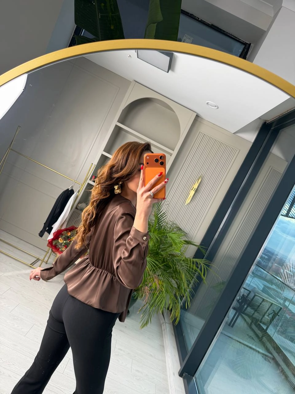 Kahverengi%20Lüks%20Kalite%20Bel%20Detay%20Tok%20Saten%20Bluz