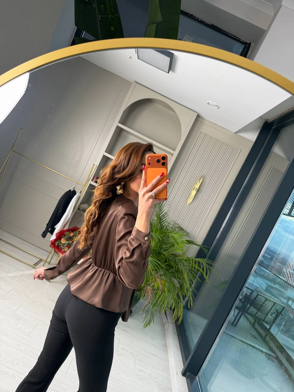 Kahverengi%20Lüks%20Kalite%20Bel%20Detay%20Tok%20Saten%20Bluz