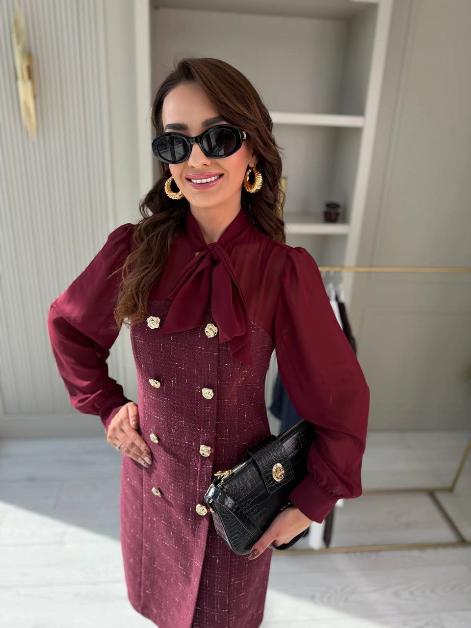 Tasarım%20Bordo%20Şifon%20Detaylı%20Astarlı%20Tuvid%20Elbise