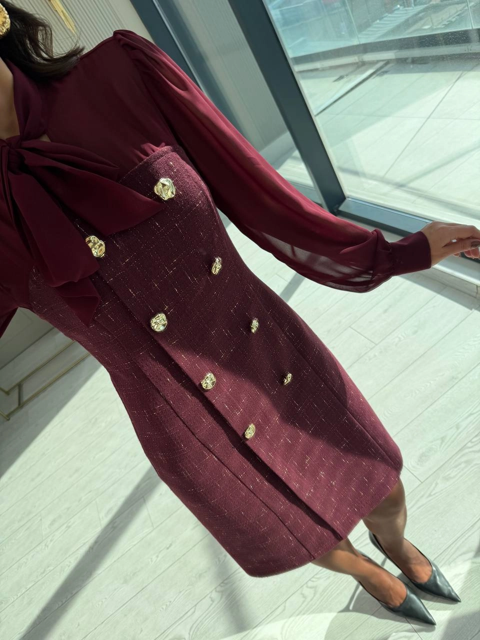Tasarım%20Bordo%20Şifon%20Detaylı%20Astarlı%20Tuvid%20Elbise
