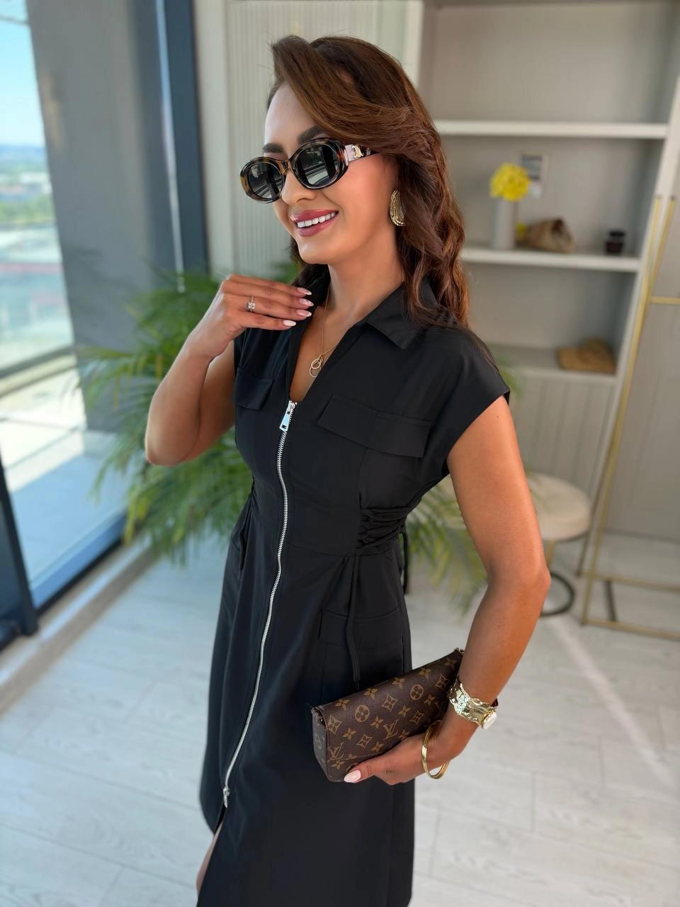 Siyah%20Network%20Fermuar%20Ve%20Bel%20Detaylı%20Elbise