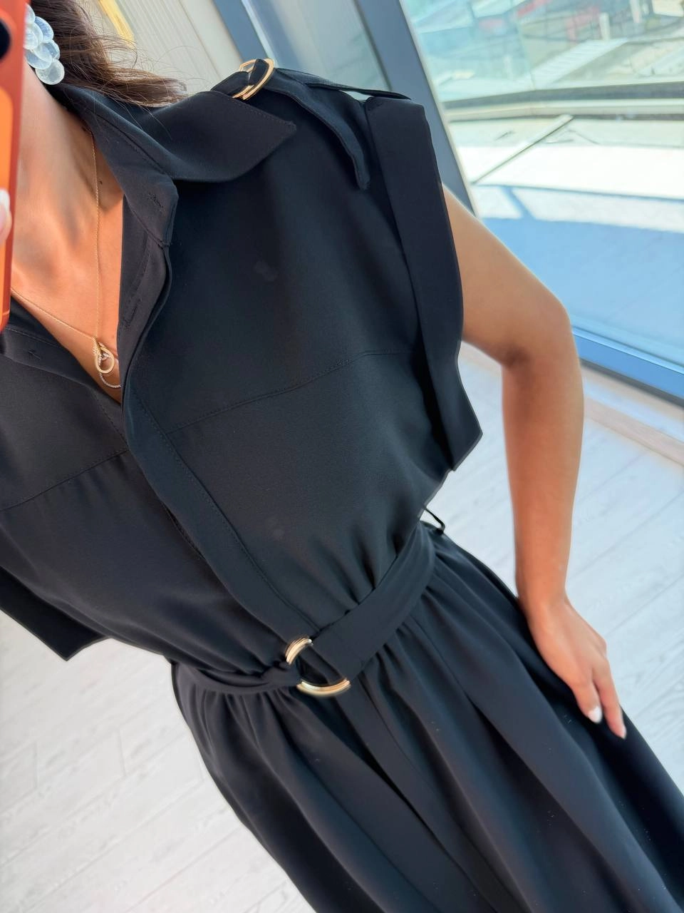 Siyah%20Kol%20Detaylı%20Beli%20Lastikli%20Gömlek%20Elbise