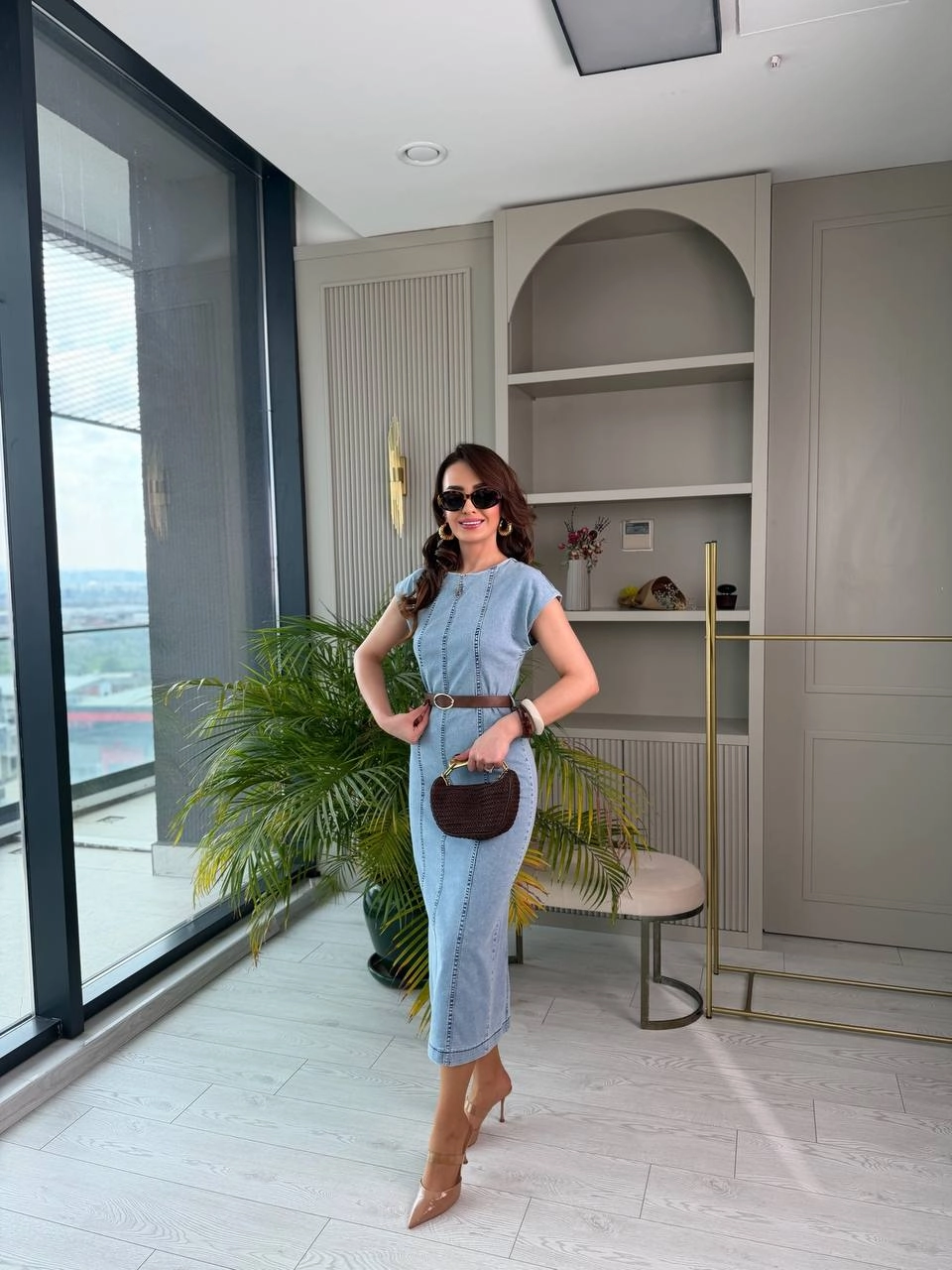 Açık%20Mavi%20Kemerli%20Yumuşak%20Jean%20Kumaş%20Elbise