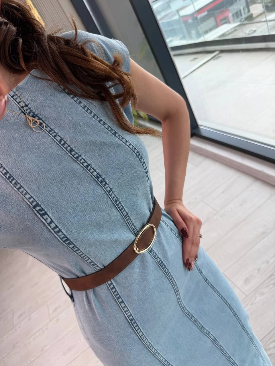 Açık%20Mavi%20Kemerli%20Yumuşak%20Jean%20Kumaş%20Elbise