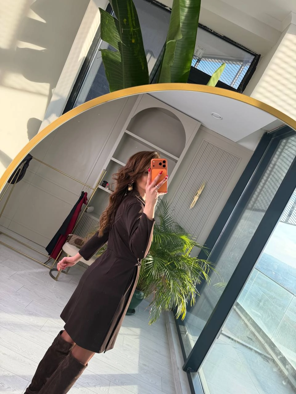 Kahverengi%20Kruvaze%20Bel%20Detaylı%20Double%20Krep%20Kumaş%20Elbise