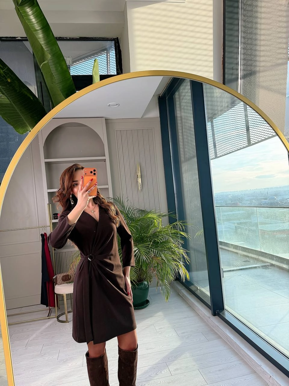 Kahverengi%20Kruvaze%20Bel%20Detaylı%20Double%20Krep%20Kumaş%20Elbise