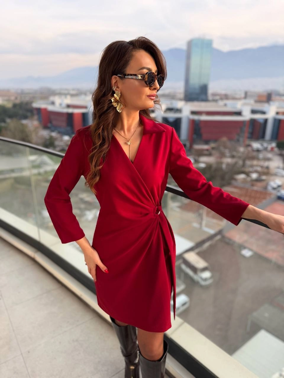 Bordo%20Kruvaze%20Bel%20Detaylı%20Double%20Krep%20Kumaş%20Elbise