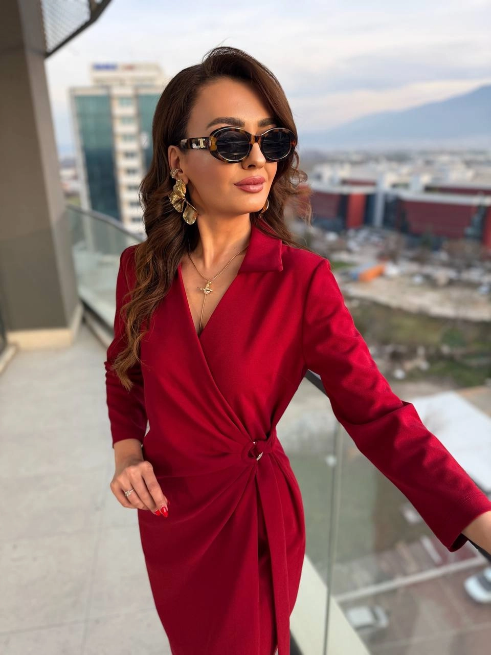 Bordo%20Kruvaze%20Bel%20Detaylı%20Double%20Krep%20Kumaş%20Elbise