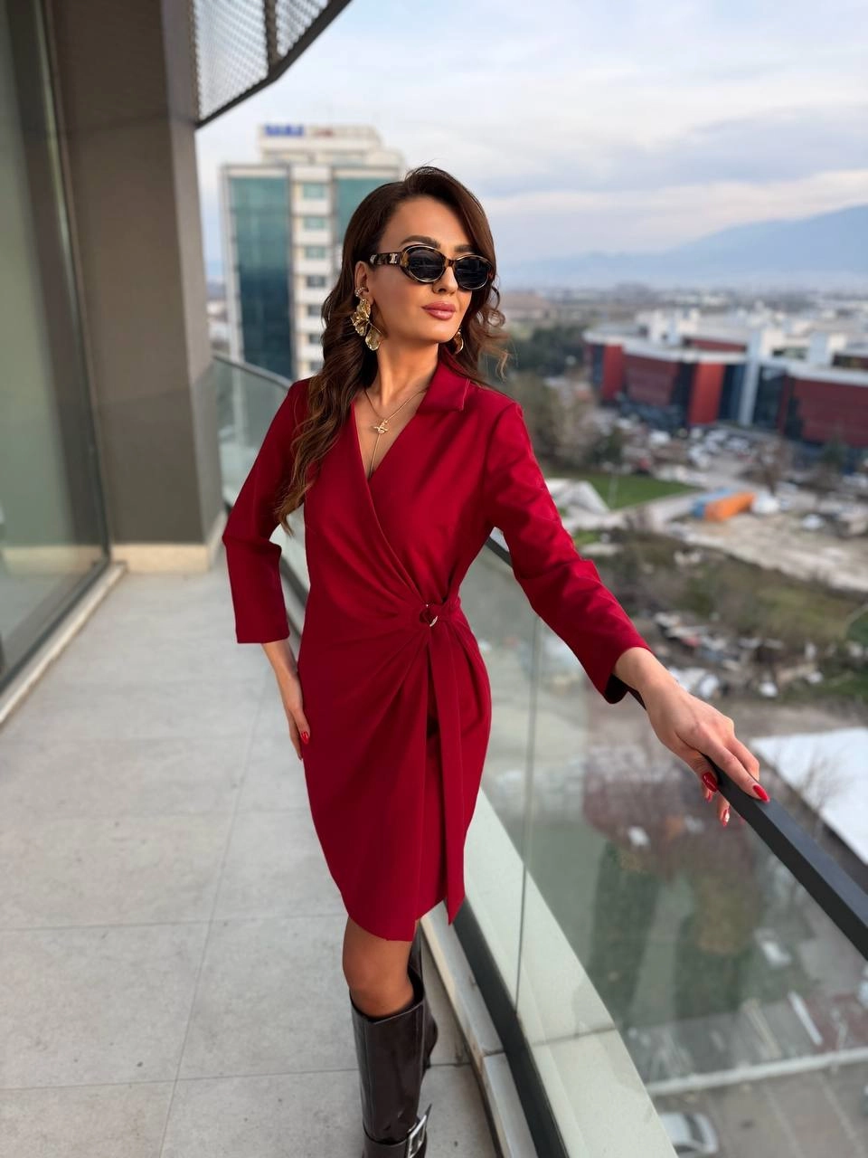 Bordo%20Kruvaze%20Bel%20Detaylı%20Double%20Krep%20Kumaş%20Elbise