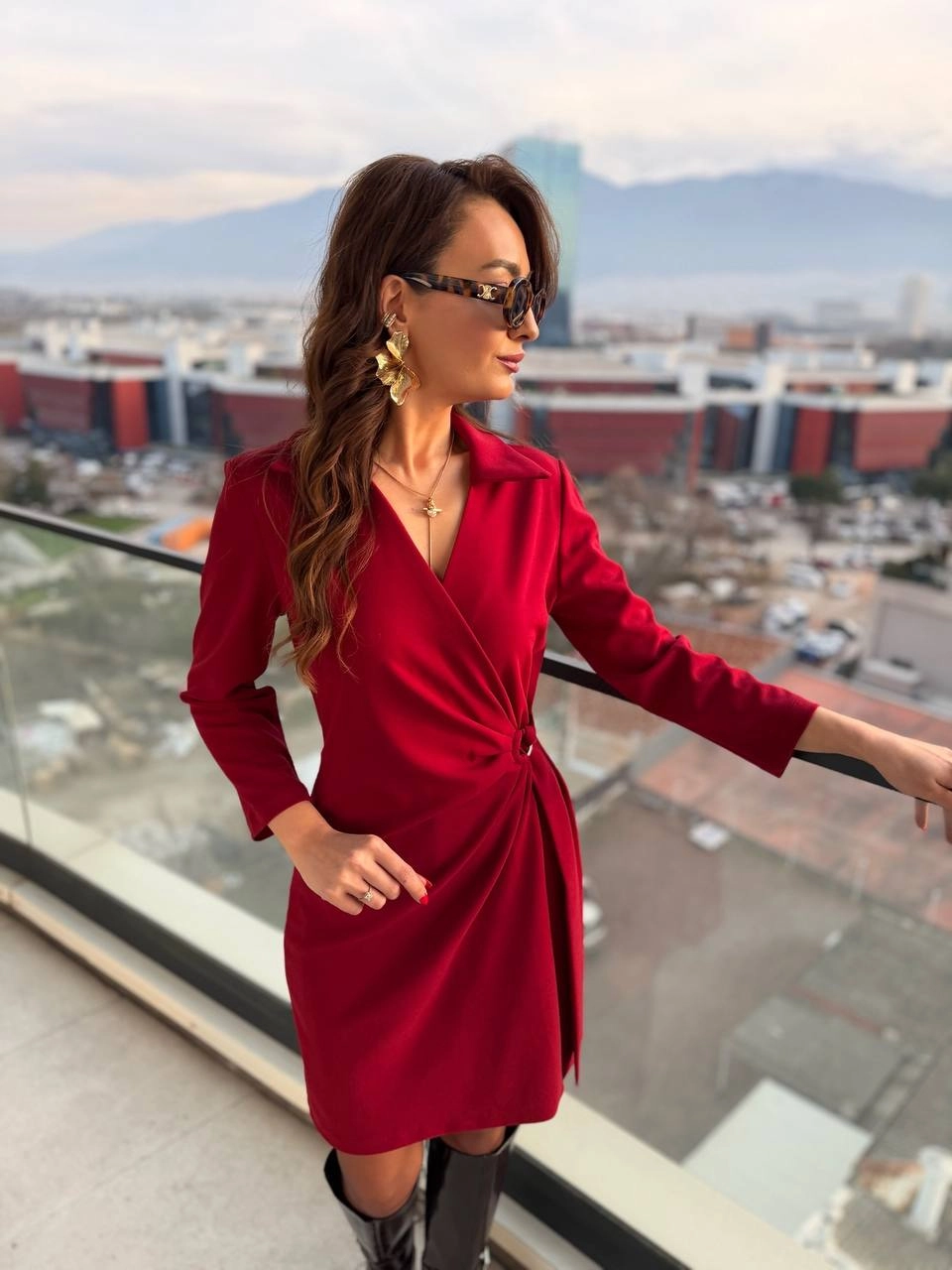 Bordo%20Kruvaze%20Bel%20Detaylı%20Double%20Krep%20Kumaş%20Elbise