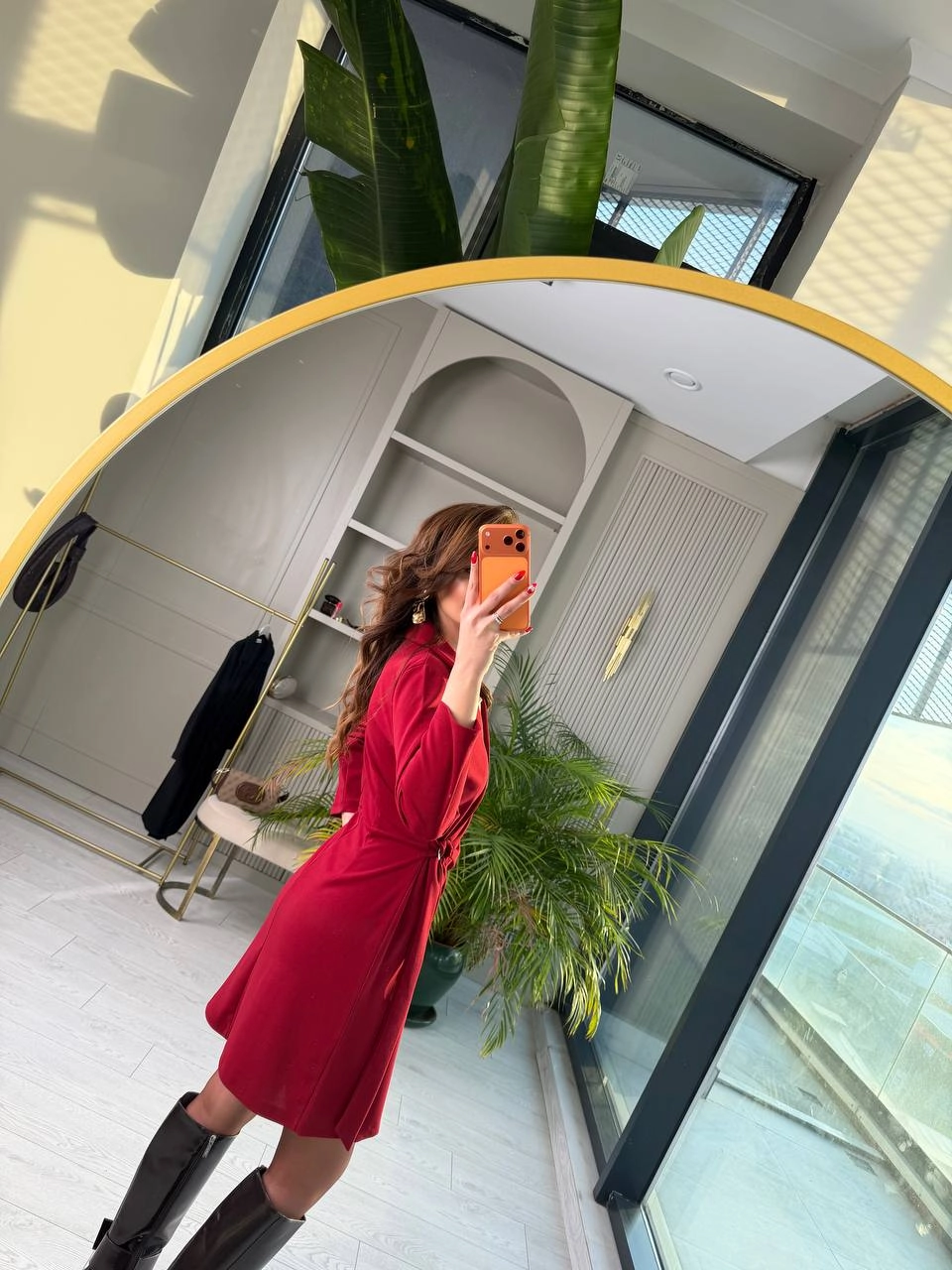 Bordo%20Kruvaze%20Bel%20Detaylı%20Double%20Krep%20Kumaş%20Elbise