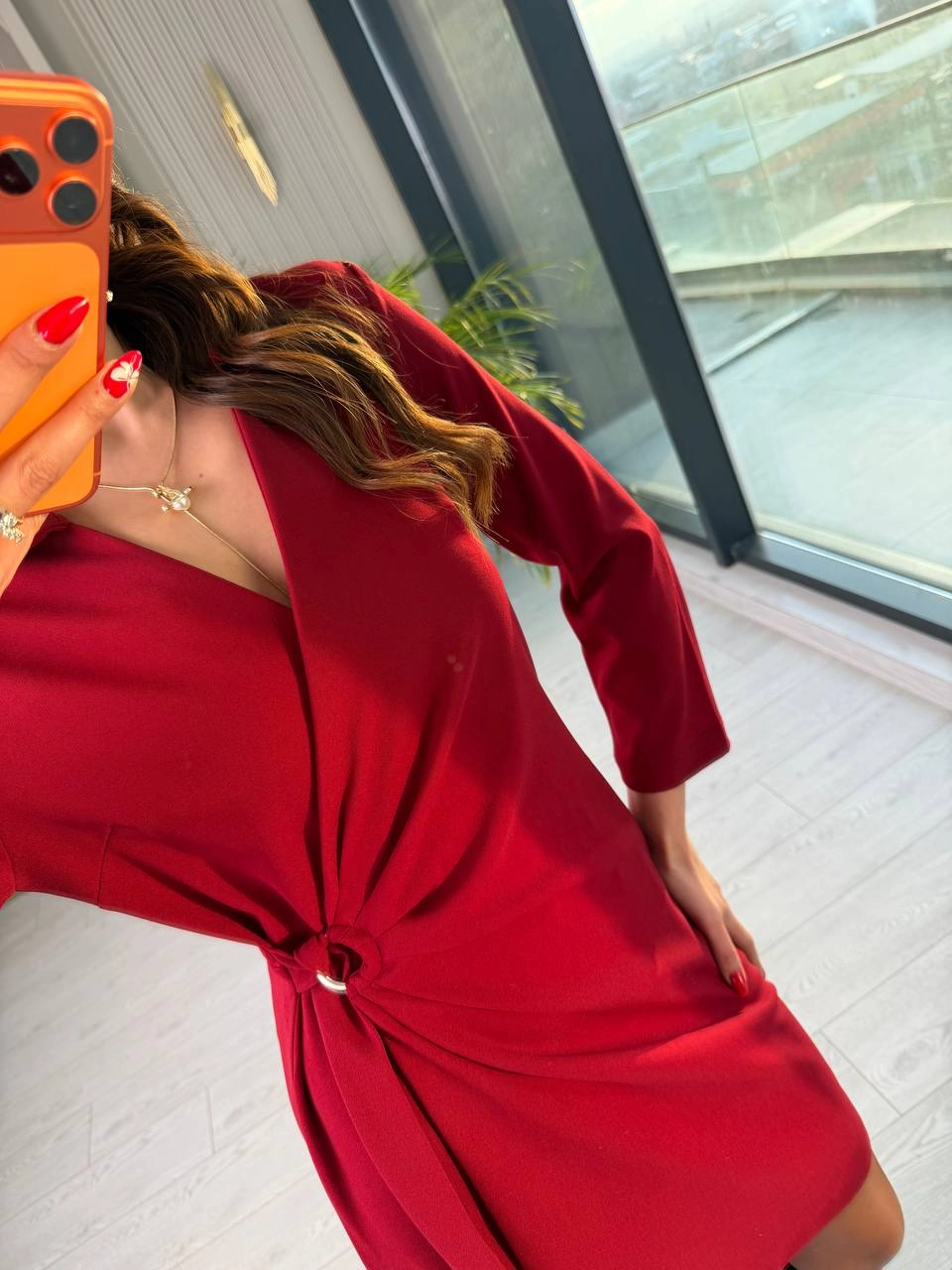 Bordo%20Kruvaze%20Bel%20Detaylı%20Double%20Krep%20Kumaş%20Elbise