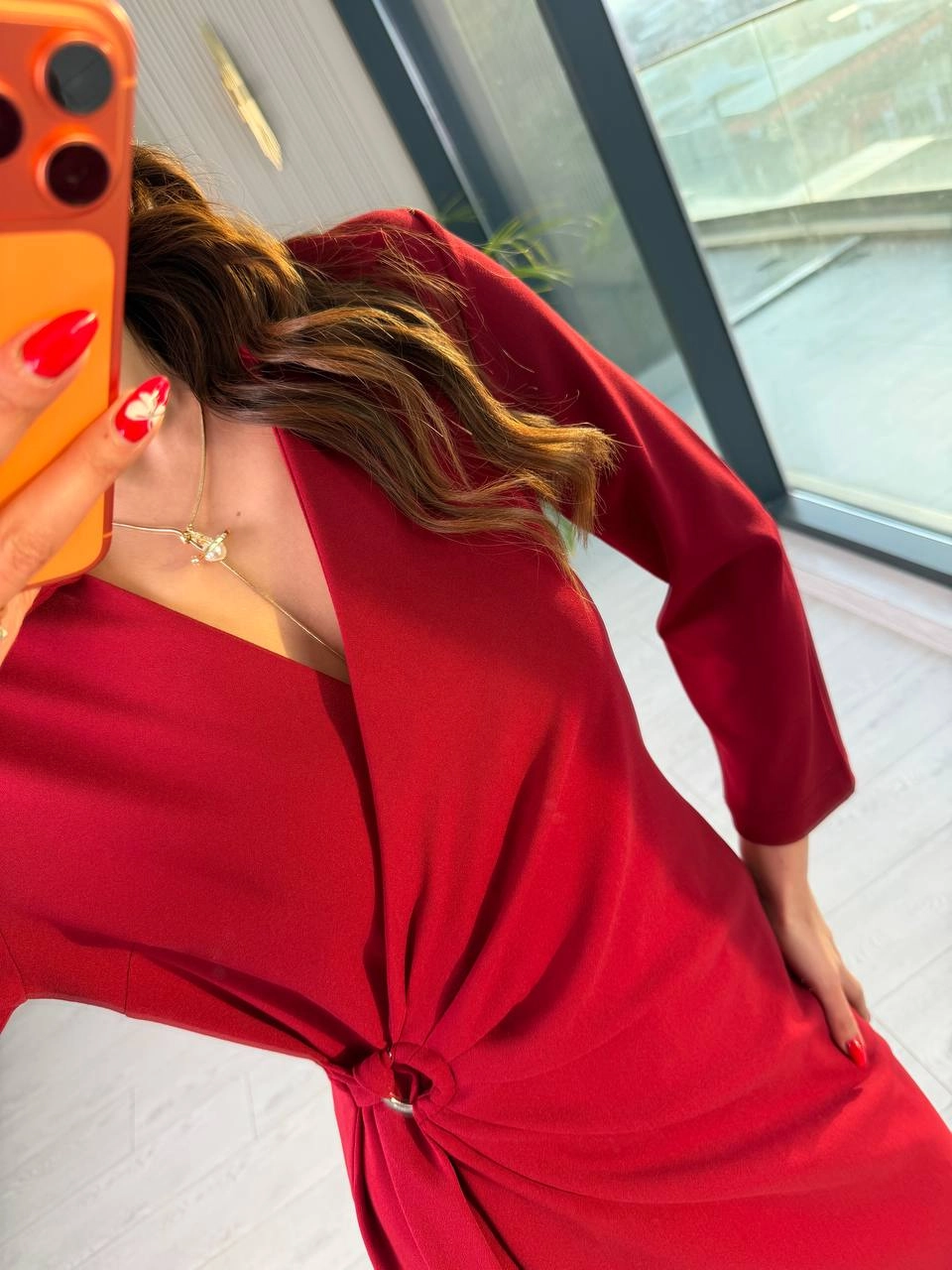 Bordo%20Kruvaze%20Bel%20Detaylı%20Double%20Krep%20Kumaş%20Elbise