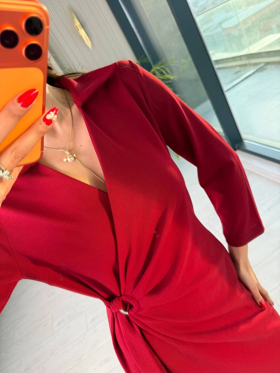 Bordo%20Kruvaze%20Bel%20Detaylı%20Double%20Krep%20Kumaş%20Elbise