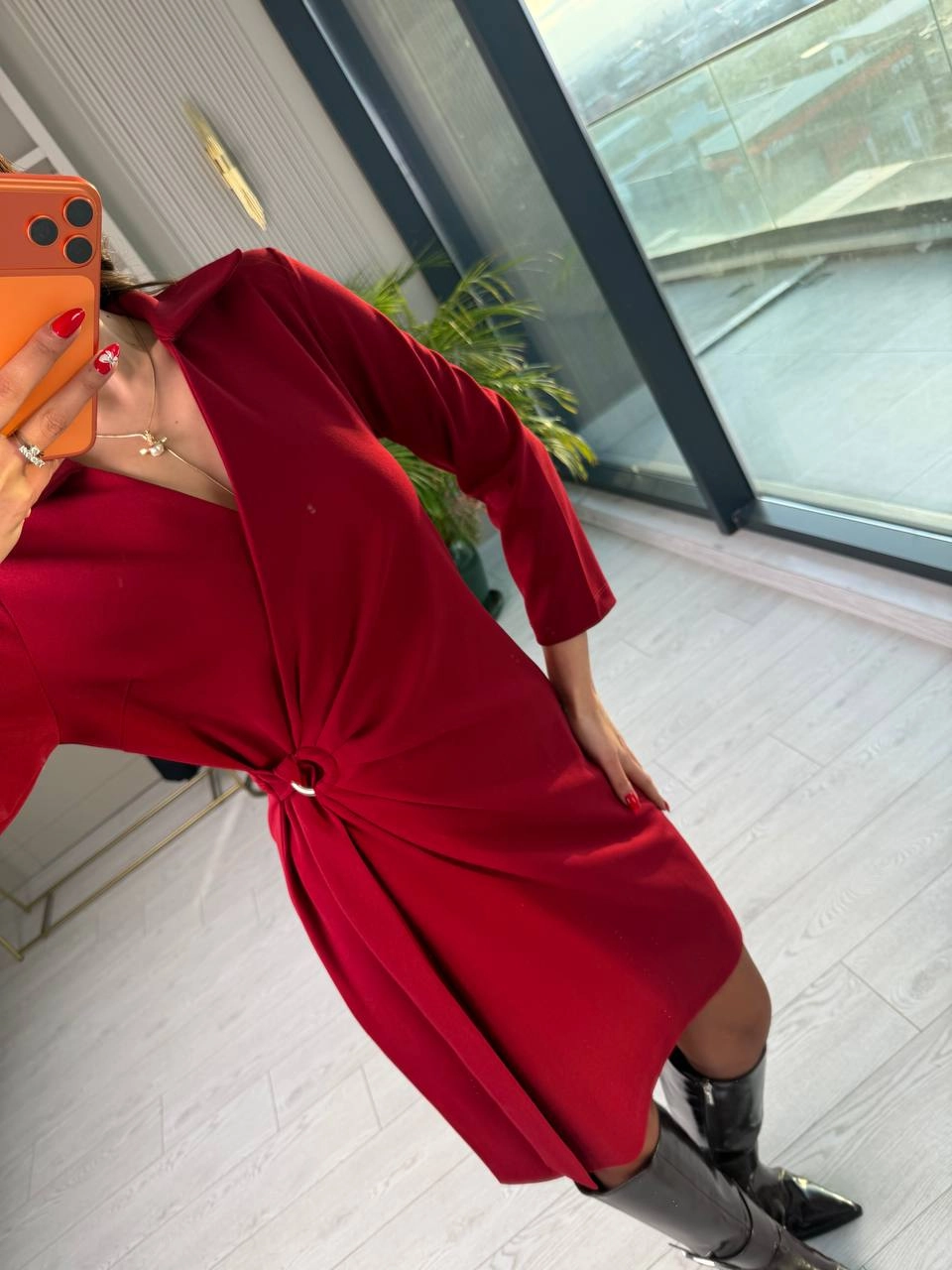 Bordo%20Kruvaze%20Bel%20Detaylı%20Double%20Krep%20Kumaş%20Elbise