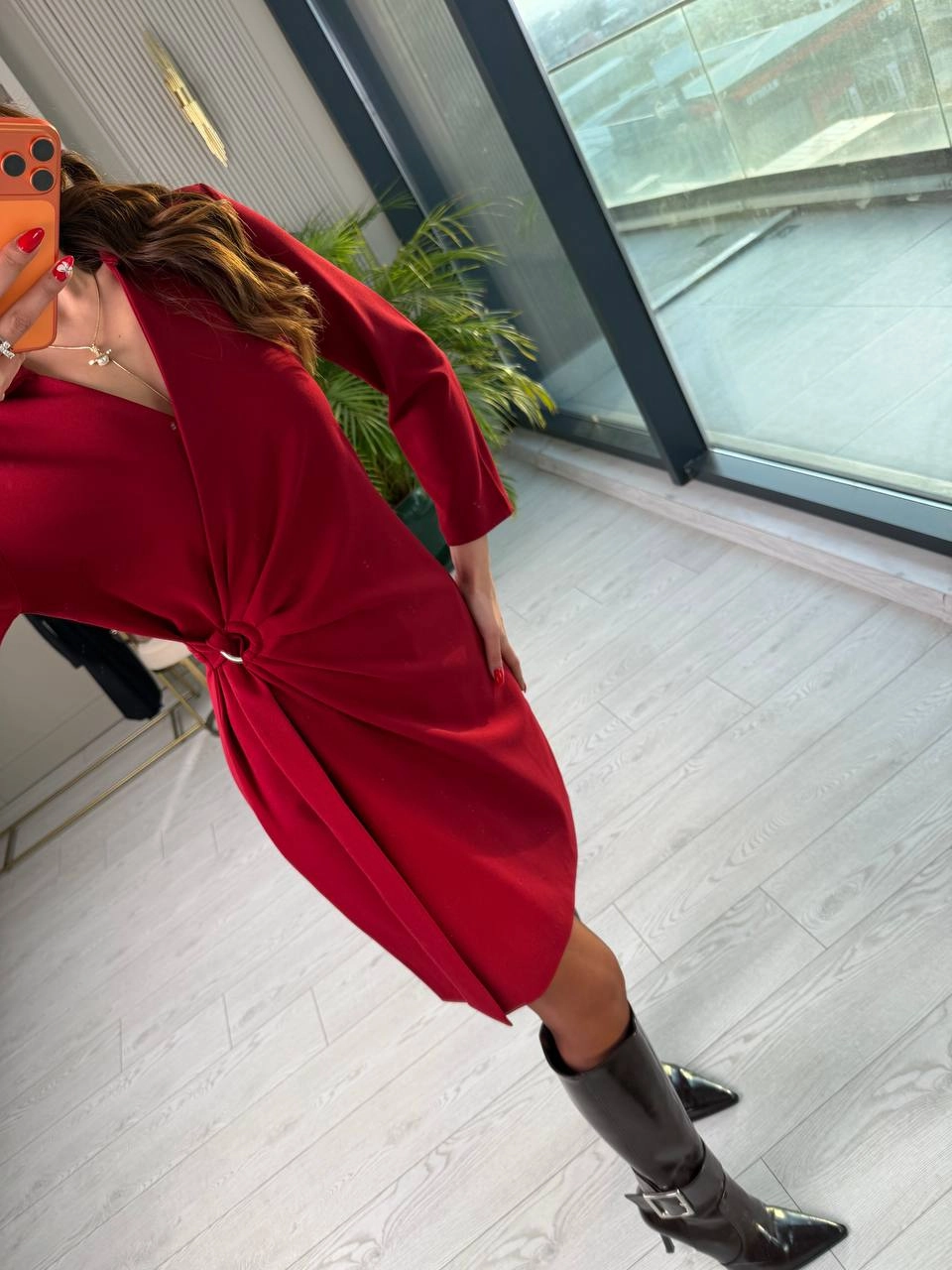 Bordo%20Kruvaze%20Bel%20Detaylı%20Double%20Krep%20Kumaş%20Elbise