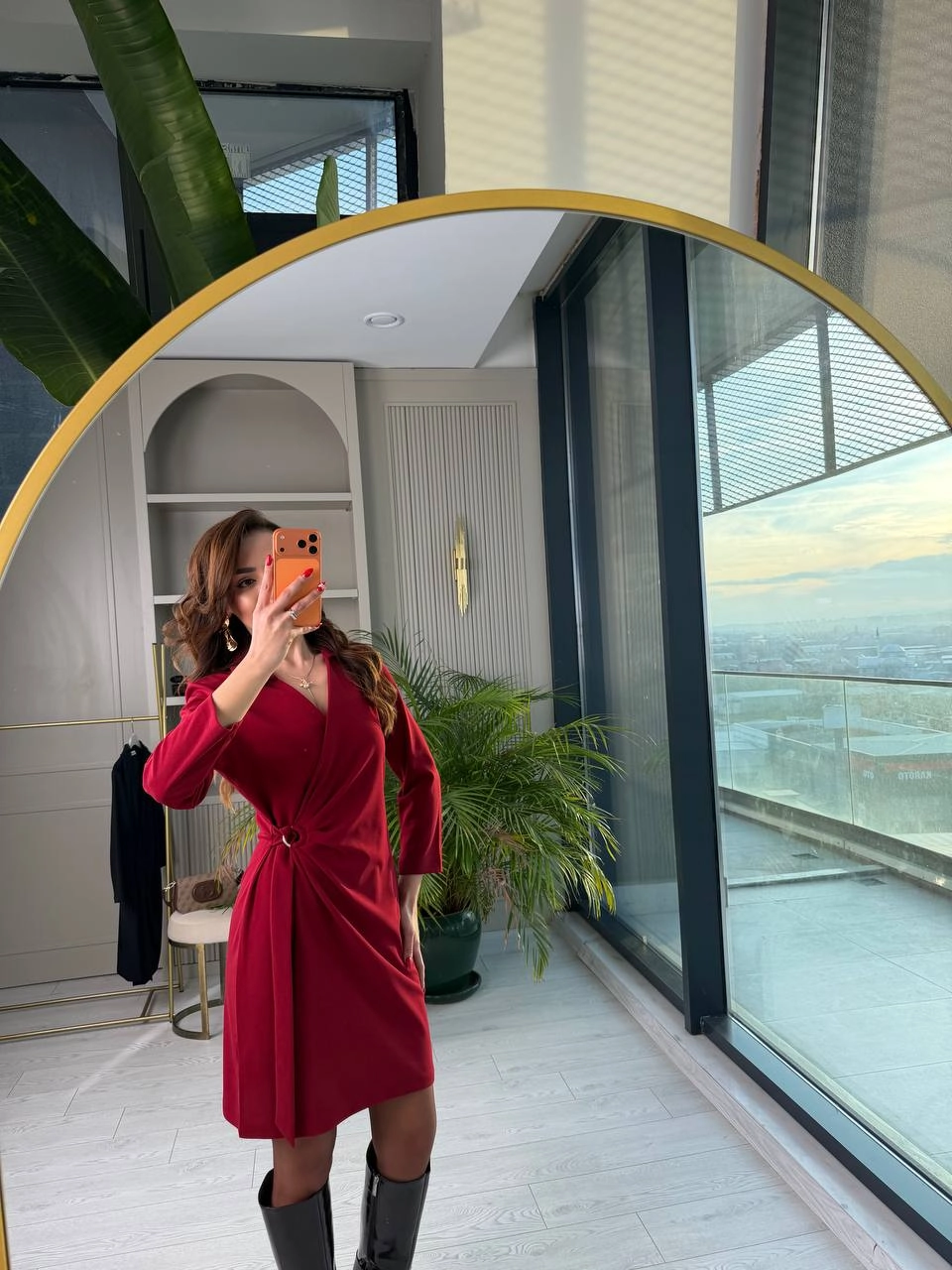 Bordo%20Kruvaze%20Bel%20Detaylı%20Double%20Krep%20Kumaş%20Elbise