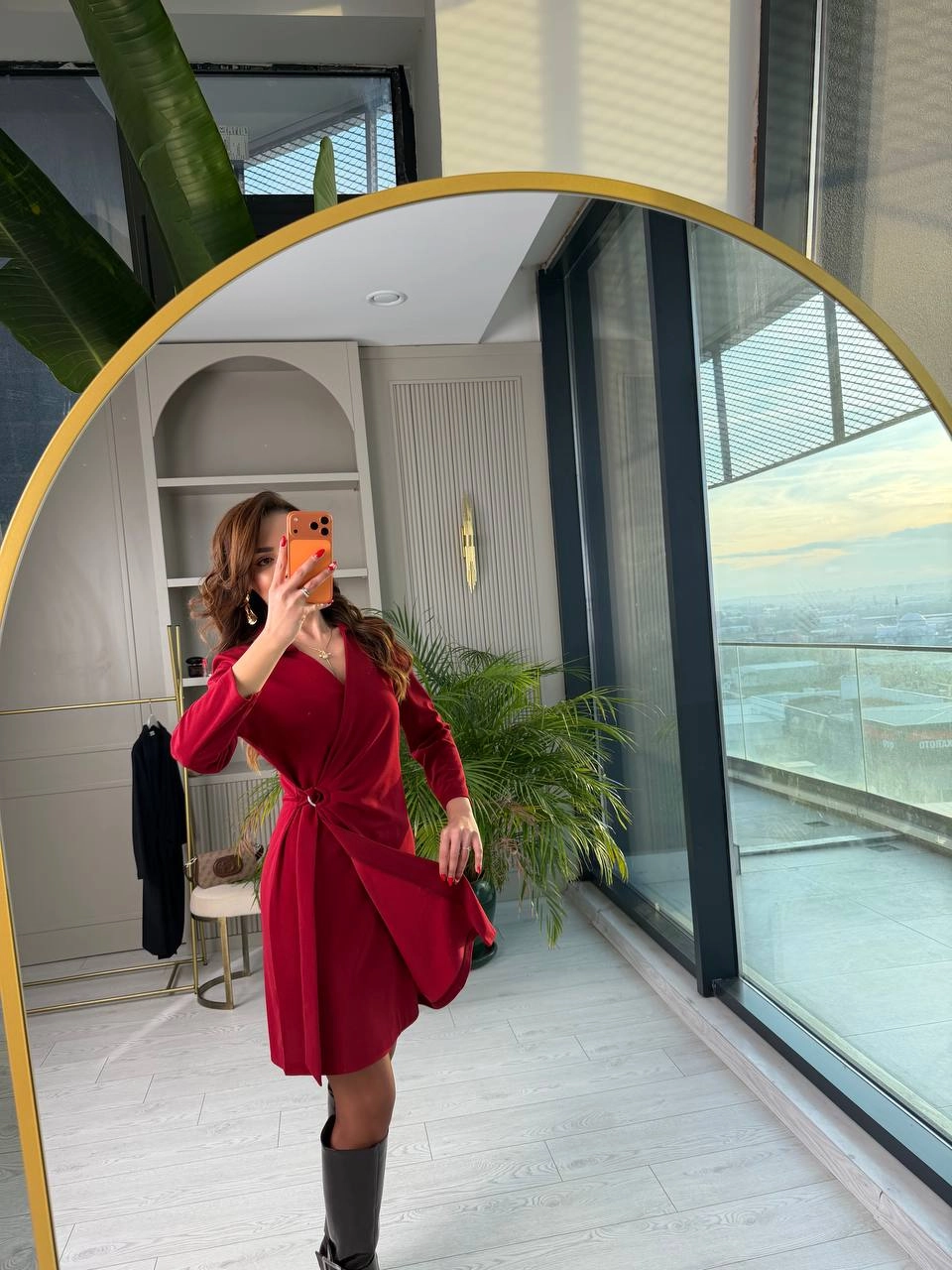 Bordo%20Kruvaze%20Bel%20Detaylı%20Double%20Krep%20Kumaş%20Elbise