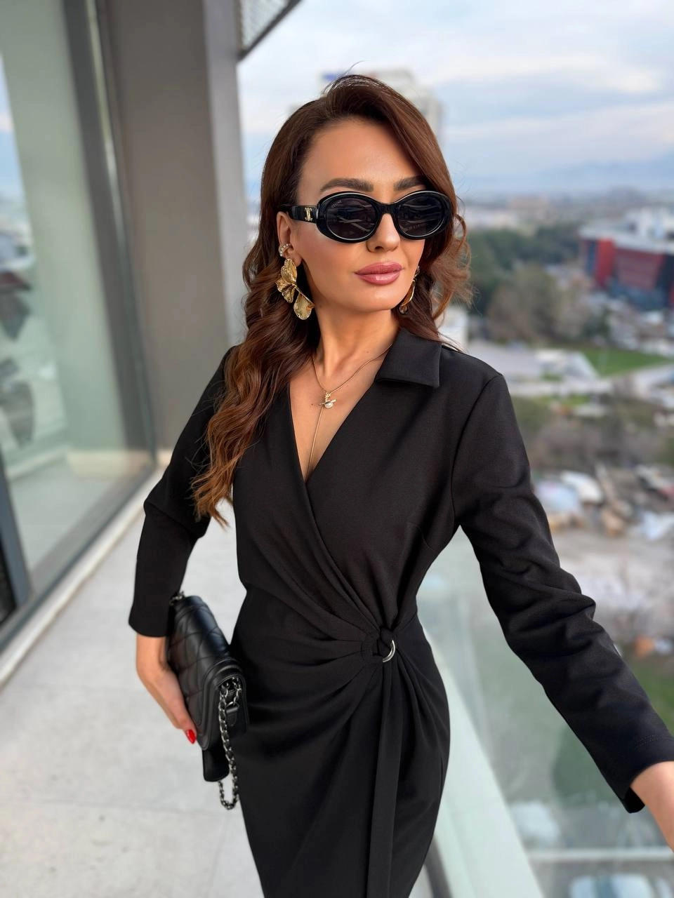 Siyah%20Kruvaze%20Bel%20Detaylı%20Double%20Krep%20Kumaş%20Elbise