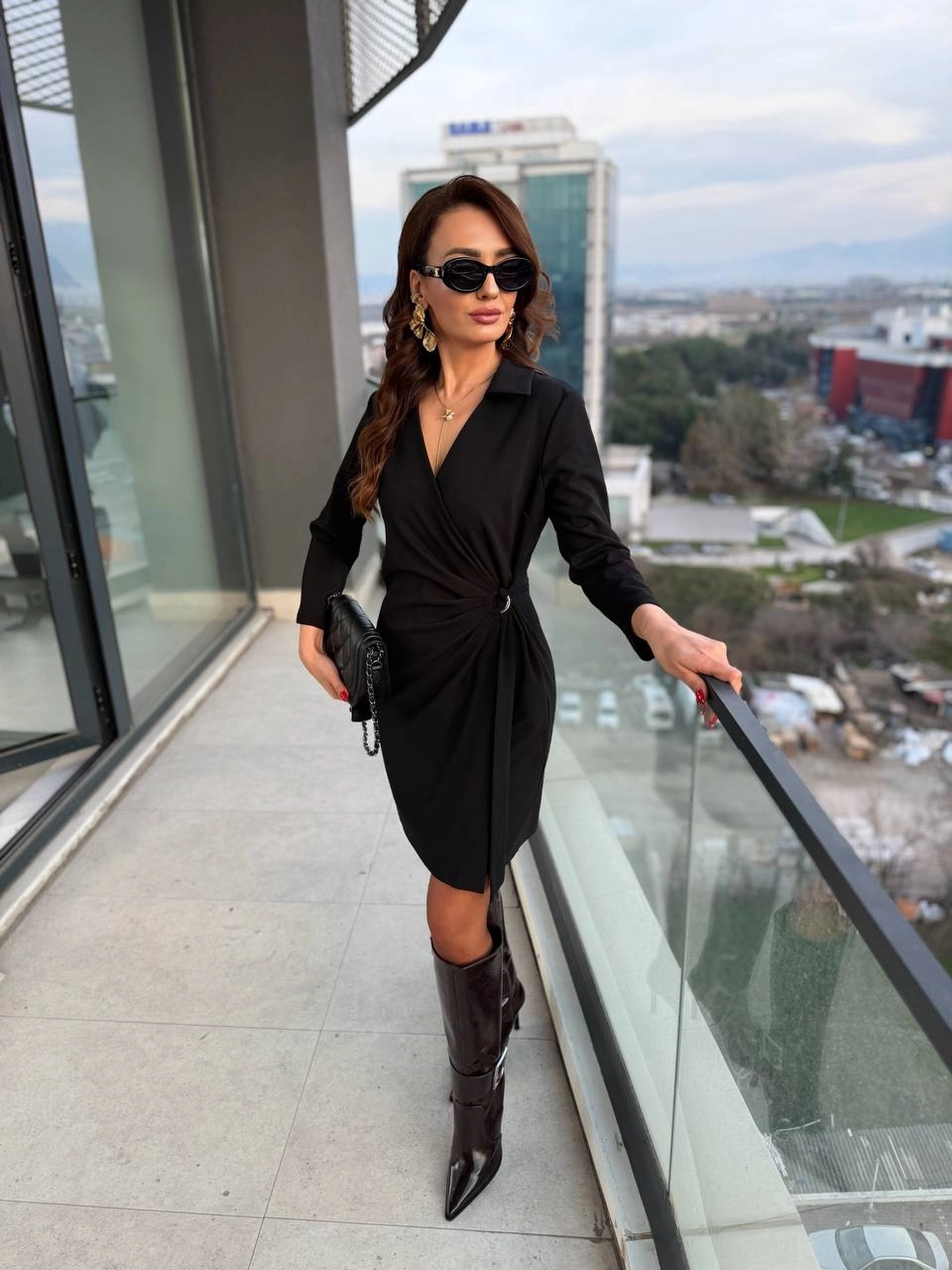 Siyah%20Kruvaze%20Bel%20Detaylı%20Double%20Krep%20Kumaş%20Elbise