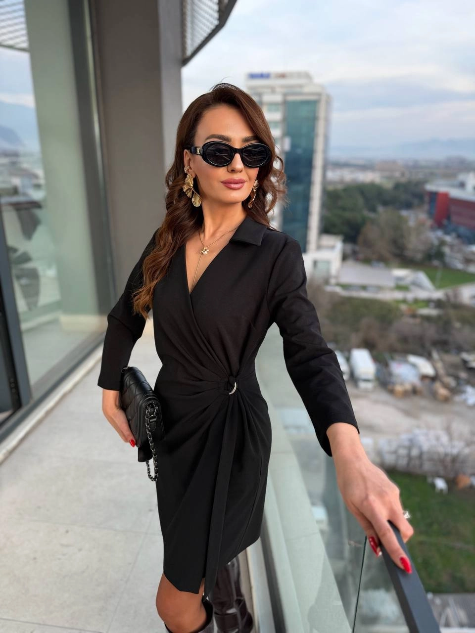 Siyah%20Kruvaze%20Bel%20Detaylı%20Double%20Krep%20Kumaş%20Elbise