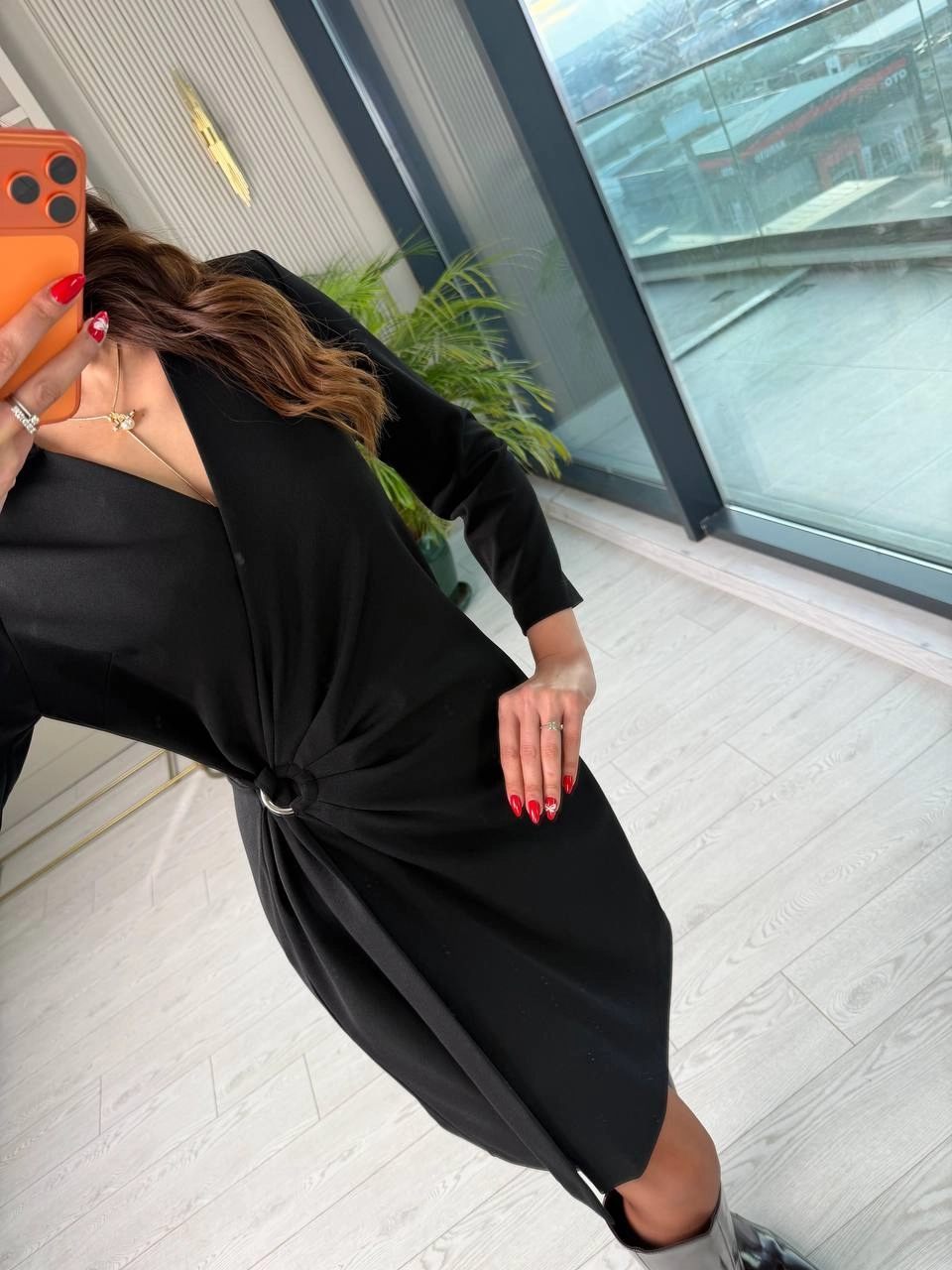 Siyah%20Kruvaze%20Bel%20Detaylı%20Double%20Krep%20Kumaş%20Elbise