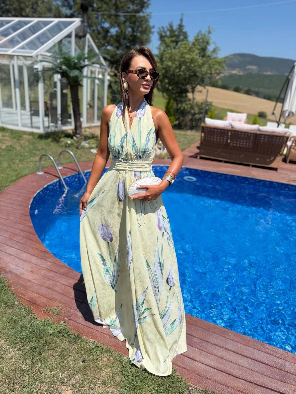Sarı%20Desenli%20Dubai%20Saten%20Kumaş%20Maxi%20Boy%20Elbise