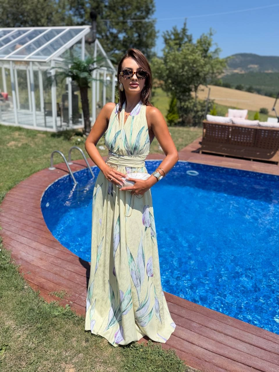 Sarı%20Desenli%20Dubai%20Saten%20Kumaş%20Maxi%20Boy%20Elbise