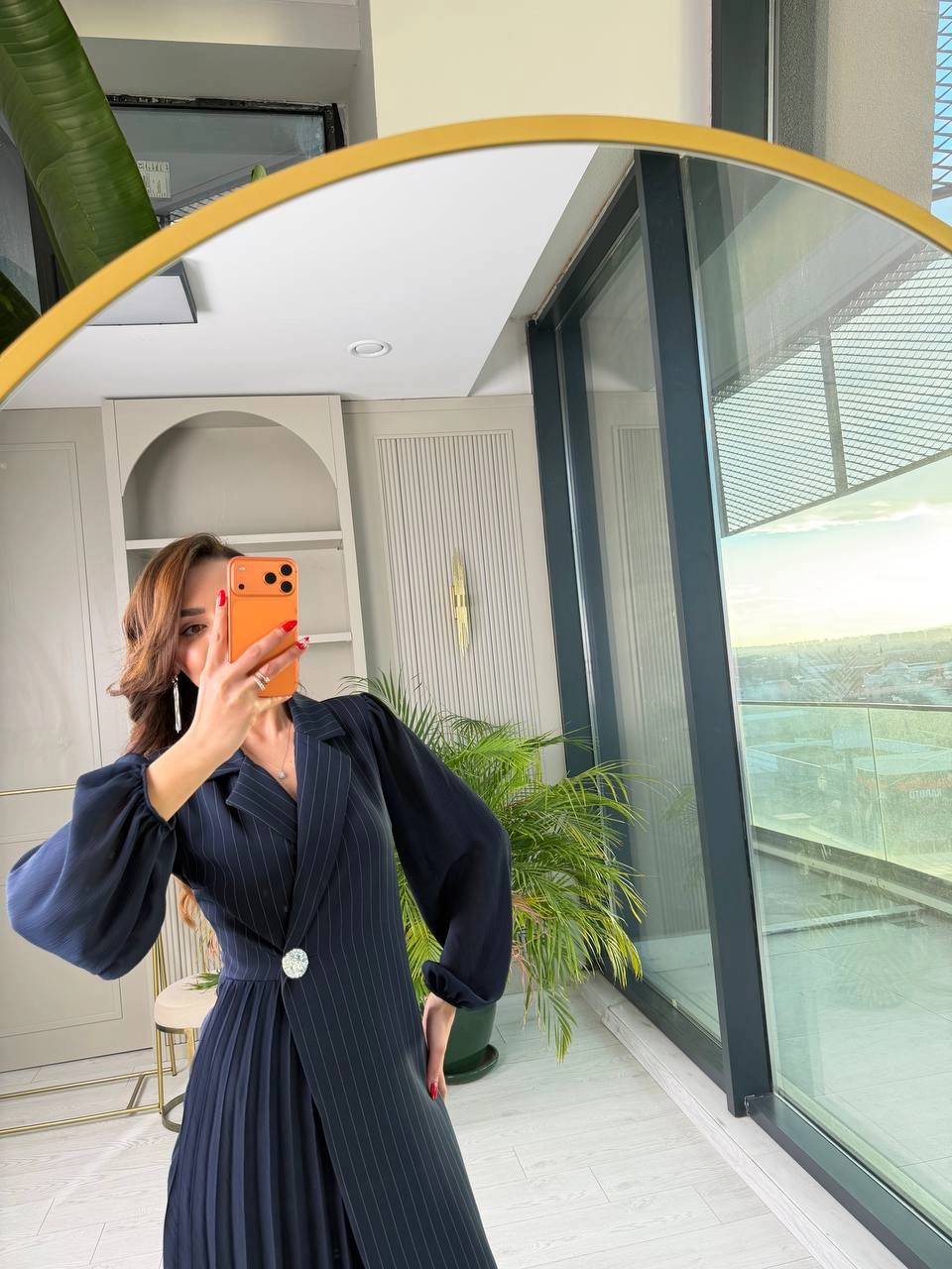 Tasarım%20Lacivert%20Çizgili%20Şifon%20Pilise%20Detay%20Elbise