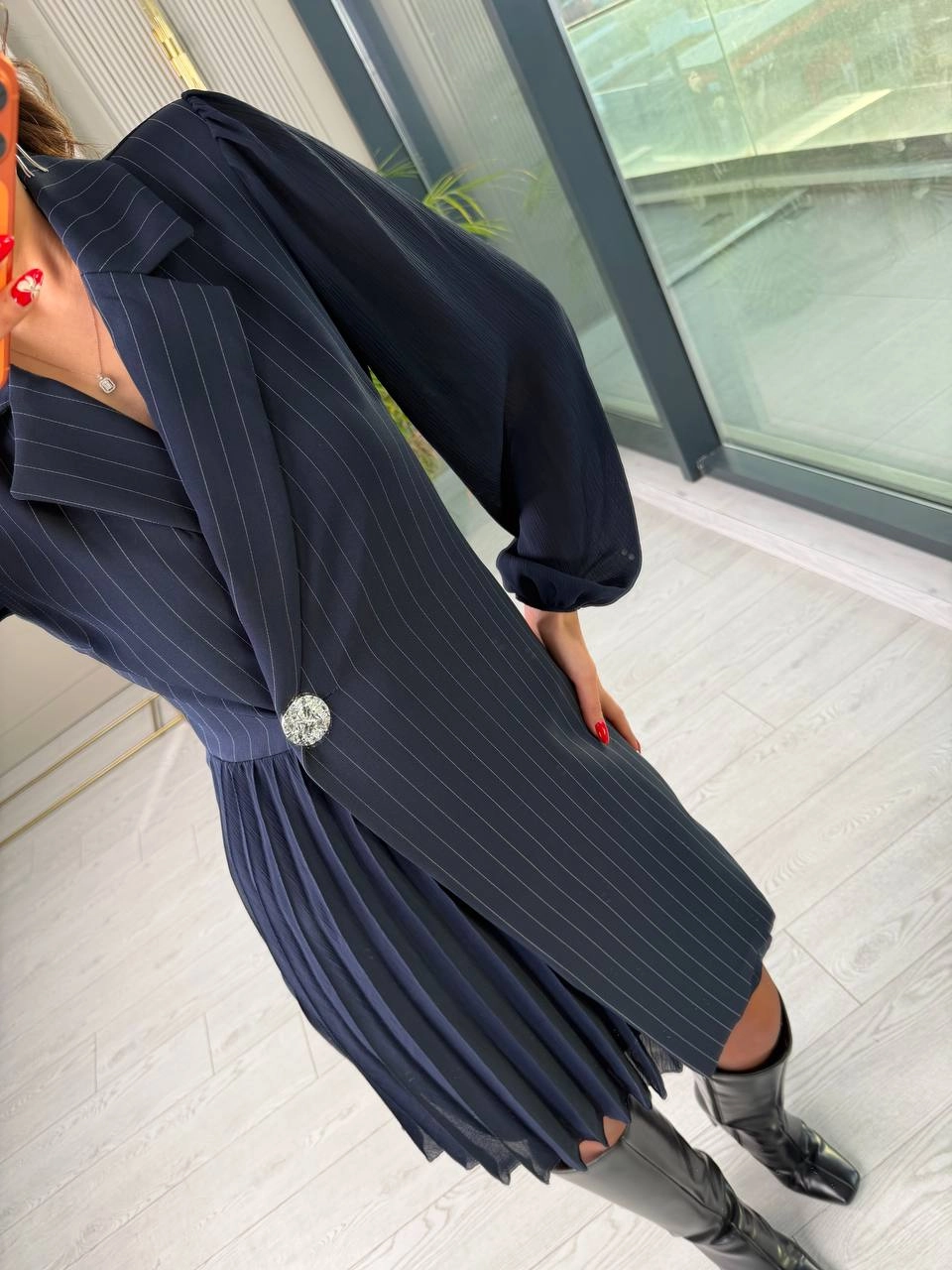 Tasarım%20Lacivert%20Çizgili%20Şifon%20Pilise%20Detay%20Elbise