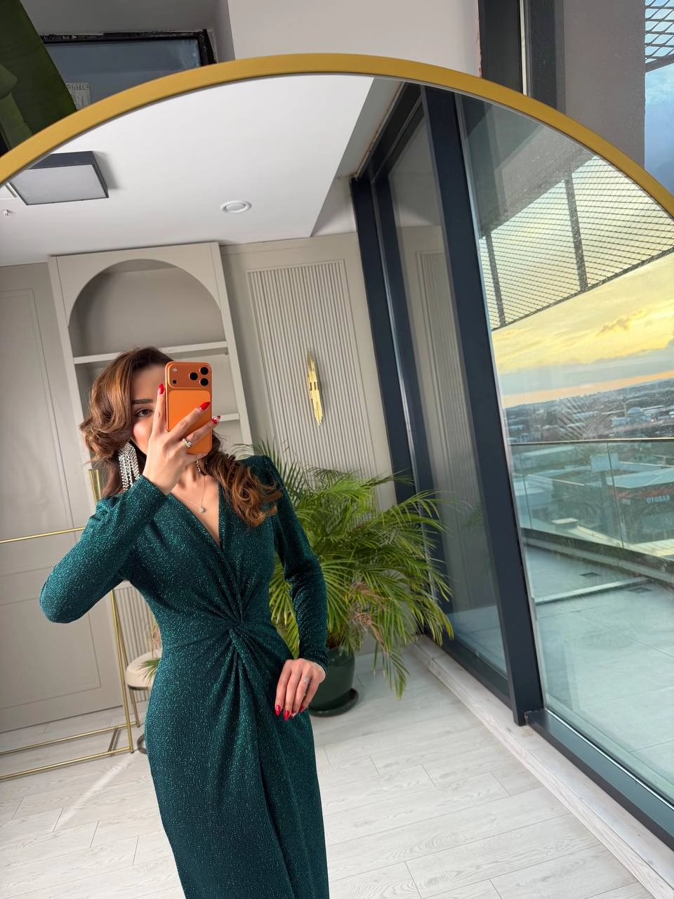 Zümrüt%20Düğüm%20Detaylı%20Işıltılı%20Kumaş%20Likralı%20Elbise