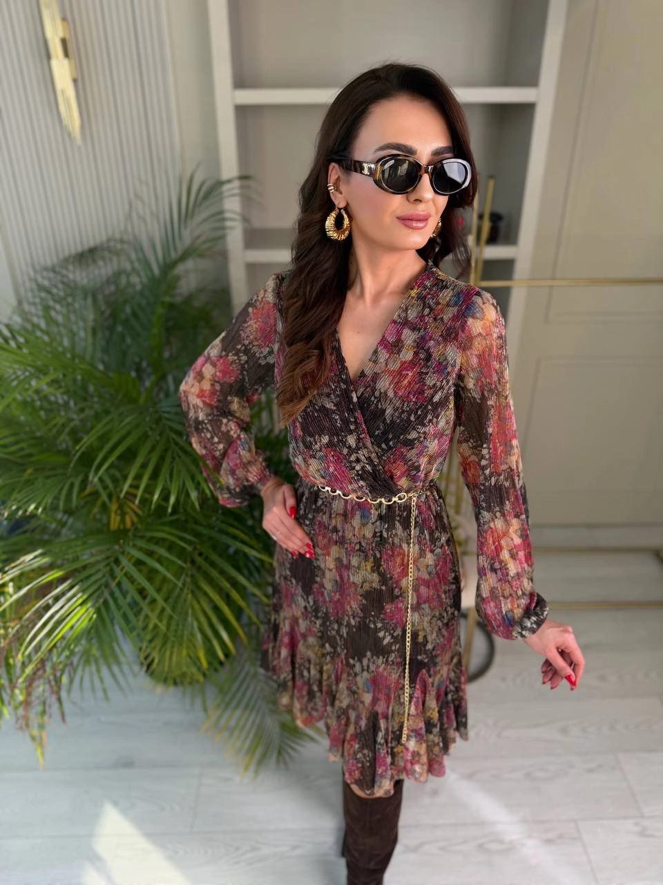 Simli%20Rose%20Kemerli%20Astarlı%20Elbise