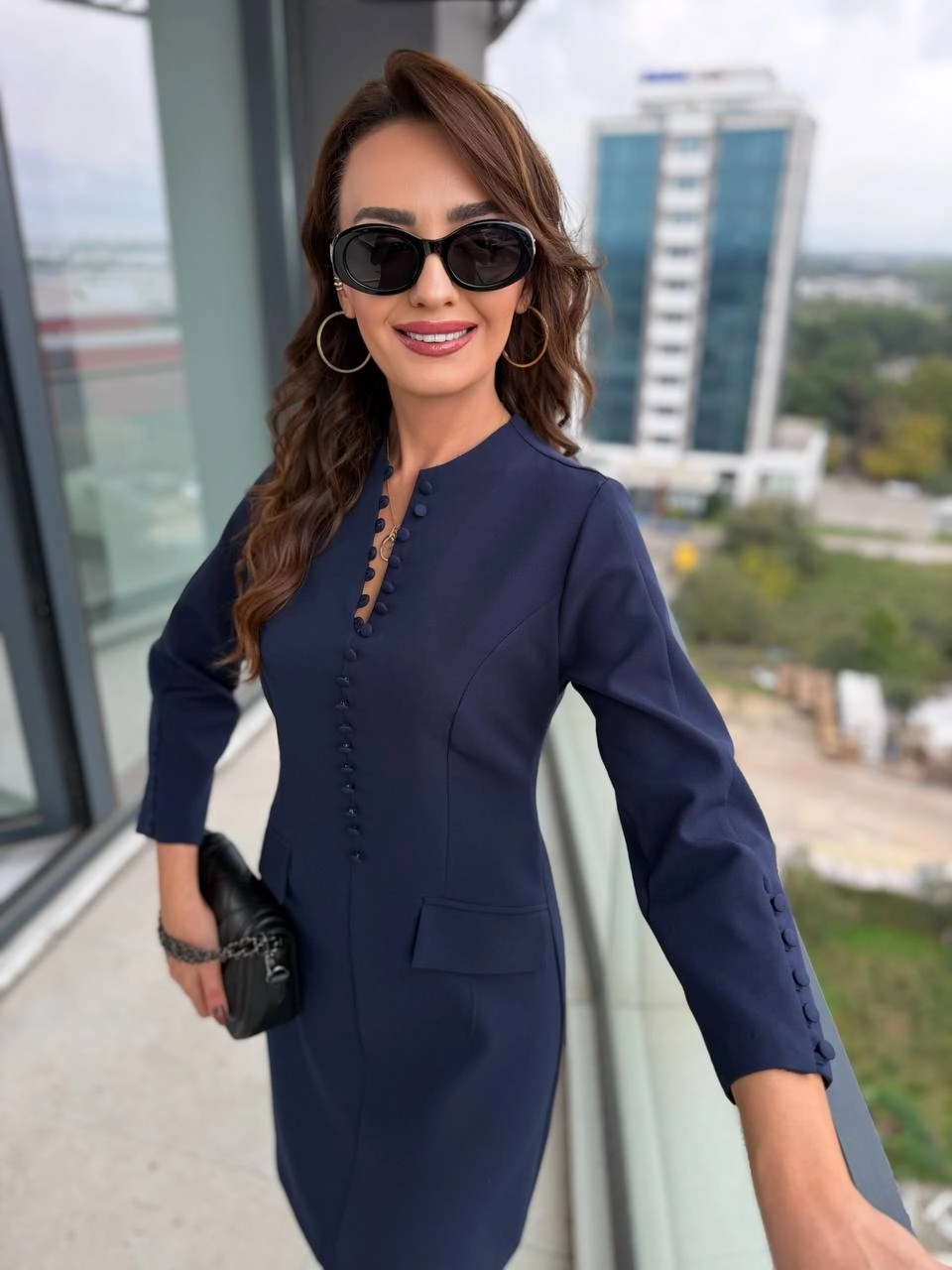 Tasarım%20Lacivert%20Düğme%20Detaylı%20Double%20Atlas%20Kumaş%20Elbise