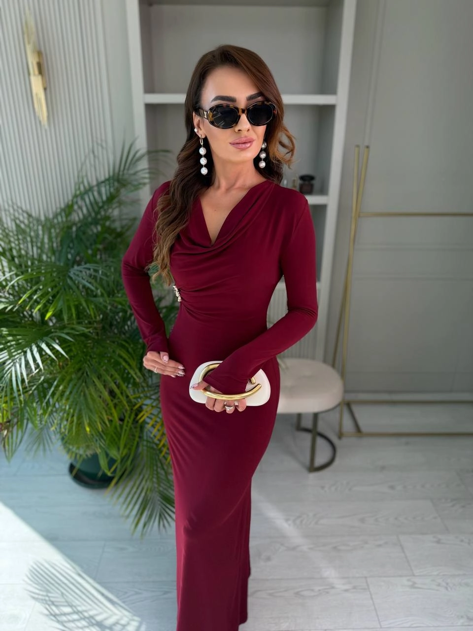 Bordo%20Zara%20Model%20Broşlu%20İthal%20Likralı%20Cendy%20Kumaş%20Elbise