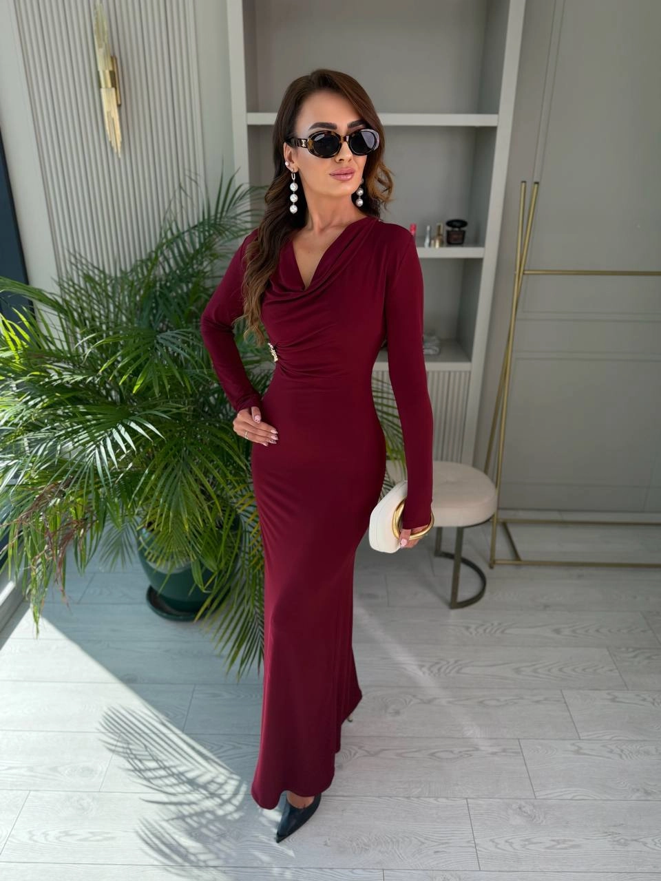 Bordo%20Zara%20Model%20Broşlu%20İthal%20Likralı%20Cendy%20Kumaş%20Elbise