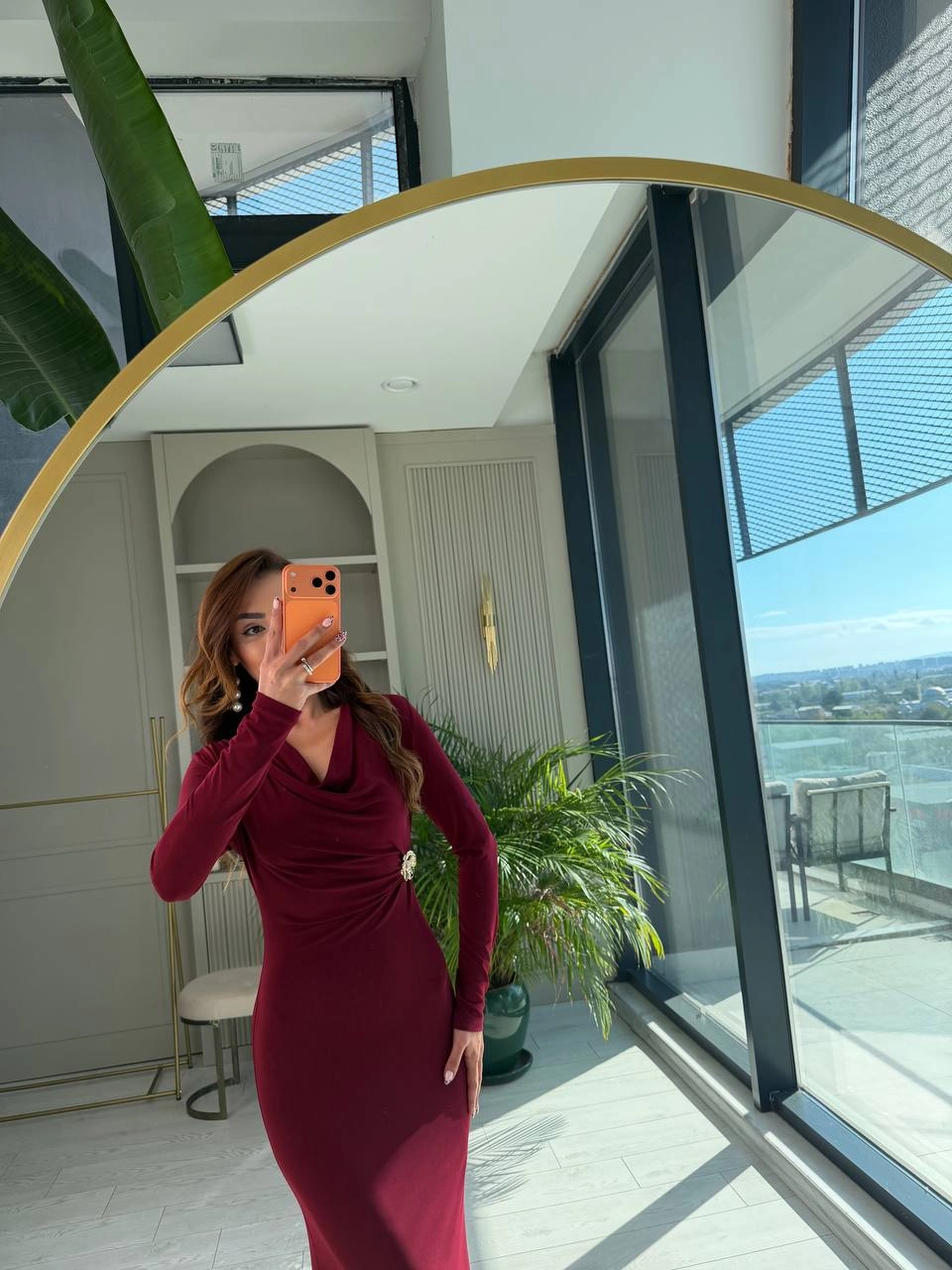 Bordo%20Zara%20Model%20Broşlu%20İthal%20Likralı%20Cendy%20Kumaş%20Elbise