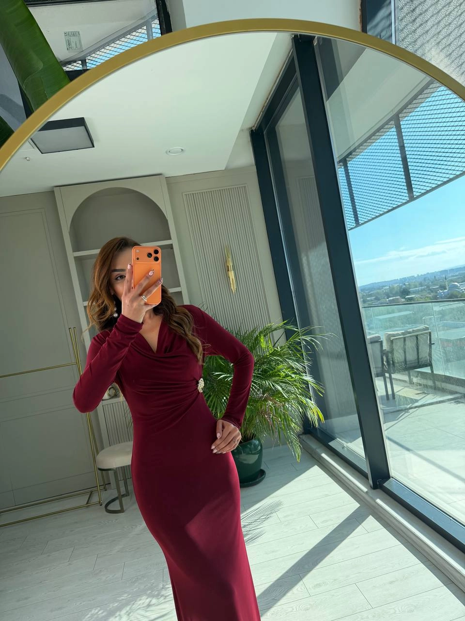 Bordo%20Zara%20Model%20Broşlu%20İthal%20Likralı%20Cendy%20Kumaş%20Elbise