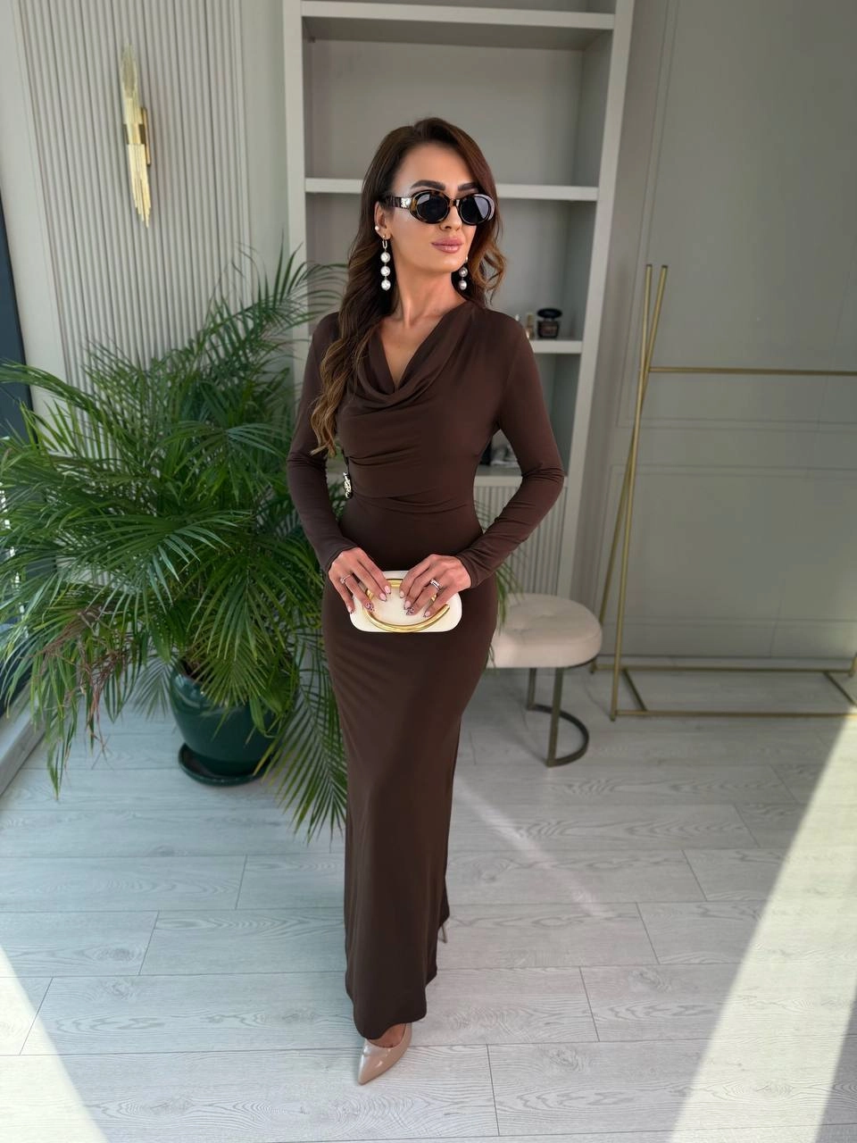 Kahverengi%20Zara%20Model%20Broşlu%20İthal%20Likralı%20Cendy%20Kumaş%20Elbise