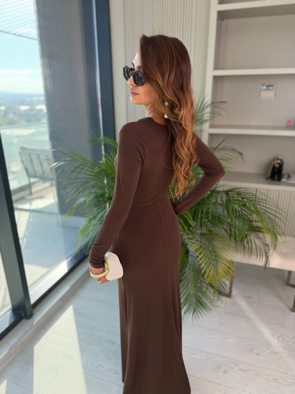 Kahverengi%20Zara%20Model%20Broşlu%20İthal%20Likralı%20Cendy%20Kumaş%20Elbise