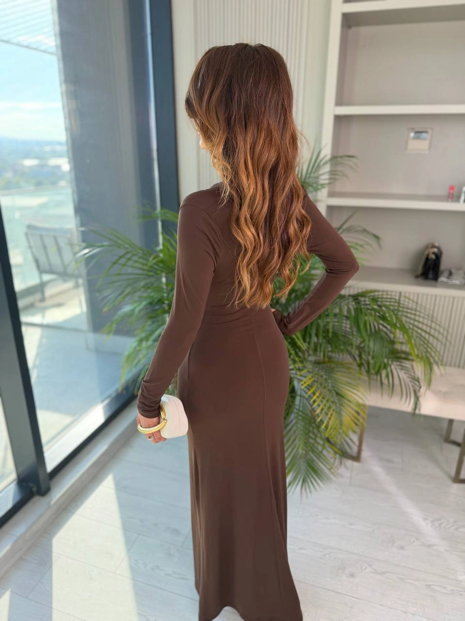 Kahverengi%20Zara%20Model%20Broşlu%20İthal%20Likralı%20Cendy%20Kumaş%20Elbise