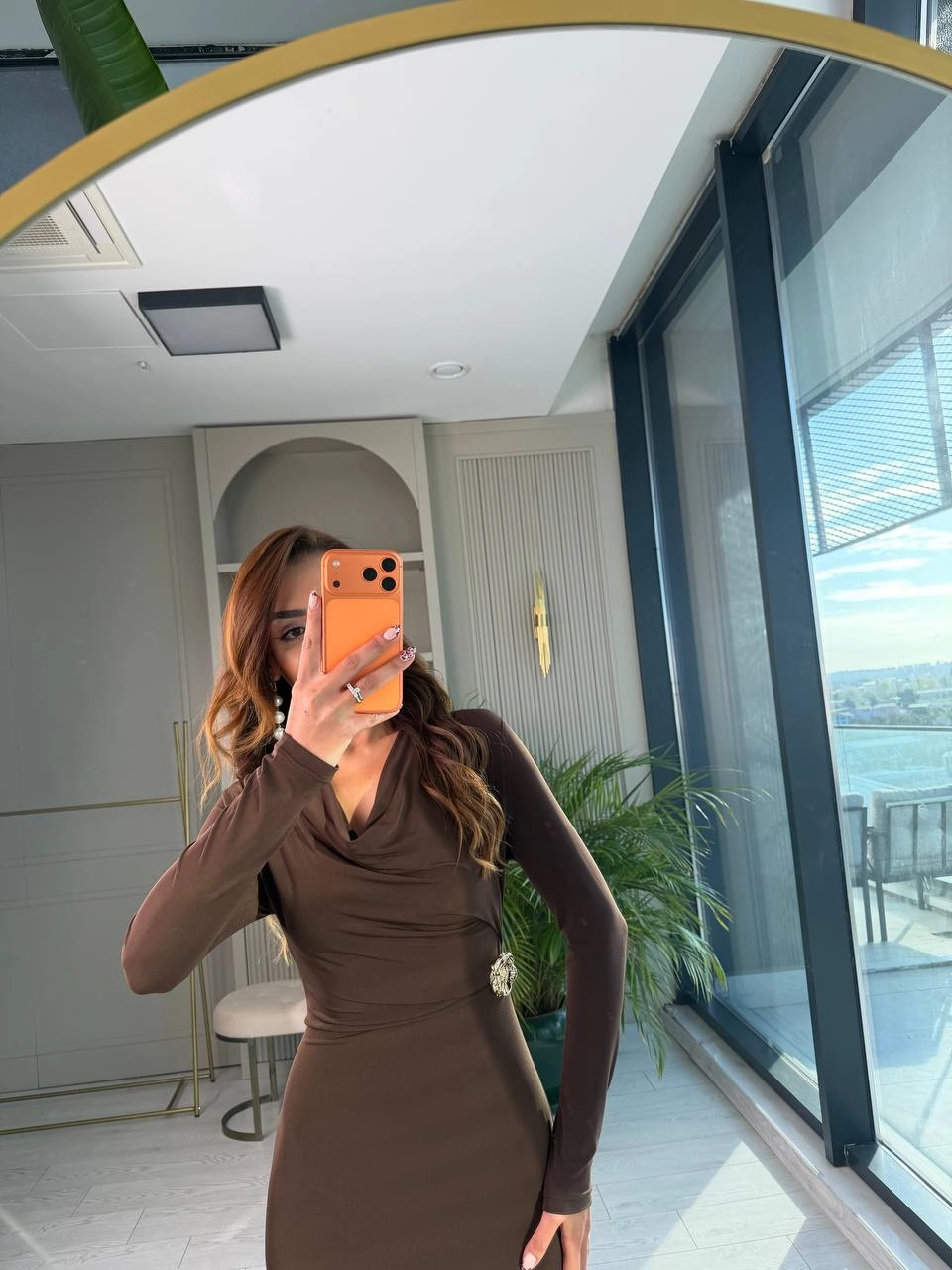 Kahverengi%20Zara%20Model%20Broşlu%20İthal%20Likralı%20Cendy%20Kumaş%20Elbise