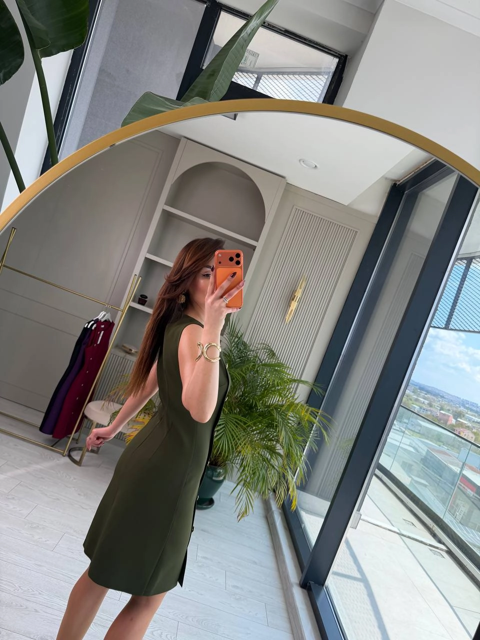 Haki%20Düğme%20Detaylı%20Lüks%20Double%20Atlas%20Kumaş%20Elbise