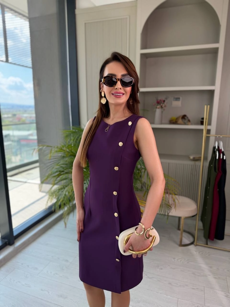 Mor%20Düğme%20Detaylı%20Lüks%20Double%20Atlas%20Kumaş%20Elbise