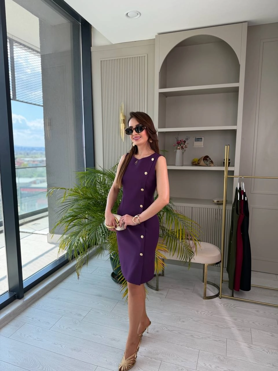 Mor%20Düğme%20Detaylı%20Lüks%20Double%20Atlas%20Kumaş%20Elbise