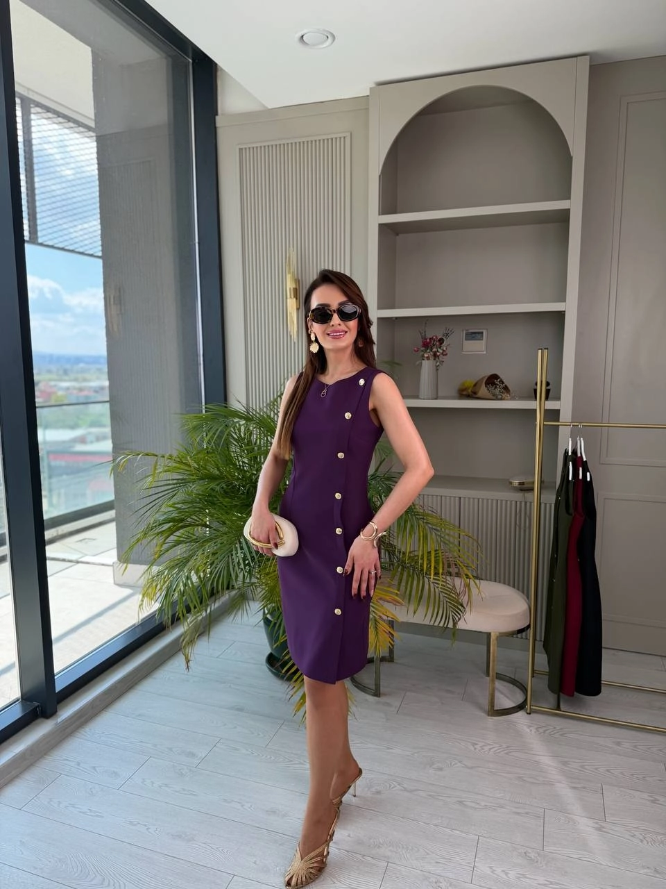 Mor%20Düğme%20Detaylı%20Lüks%20Double%20Atlas%20Kumaş%20Elbise