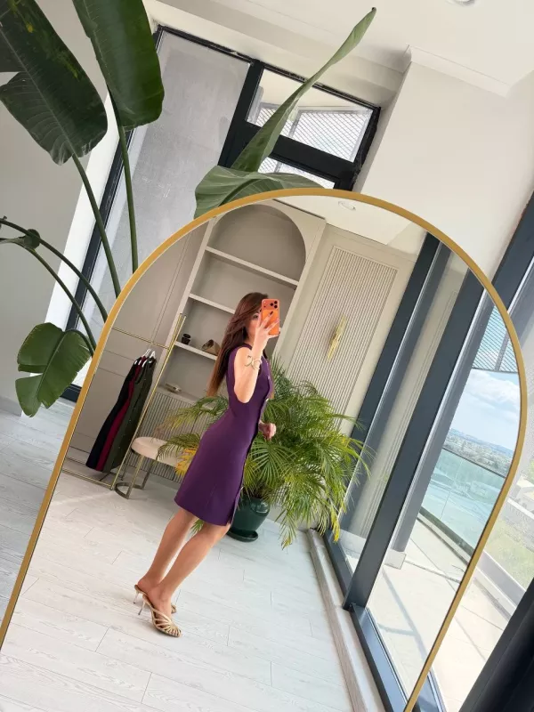 Mor%20Düğme%20Detaylı%20Lüks%20Double%20Atlas%20Kumaş%20Elbise