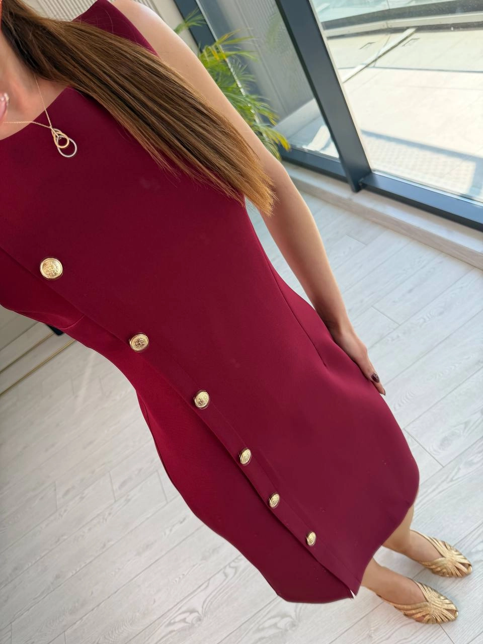 Bordo%20Düğme%20Detaylı%20Lüks%20Double%20Atlas%20Kumaş%20Elbise