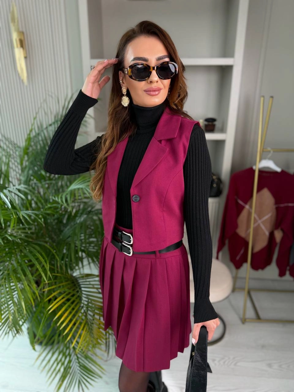 Bordo%20Kemerli%20Poliviskon%20Kumaş%20Etek%20Yelek%20Takım