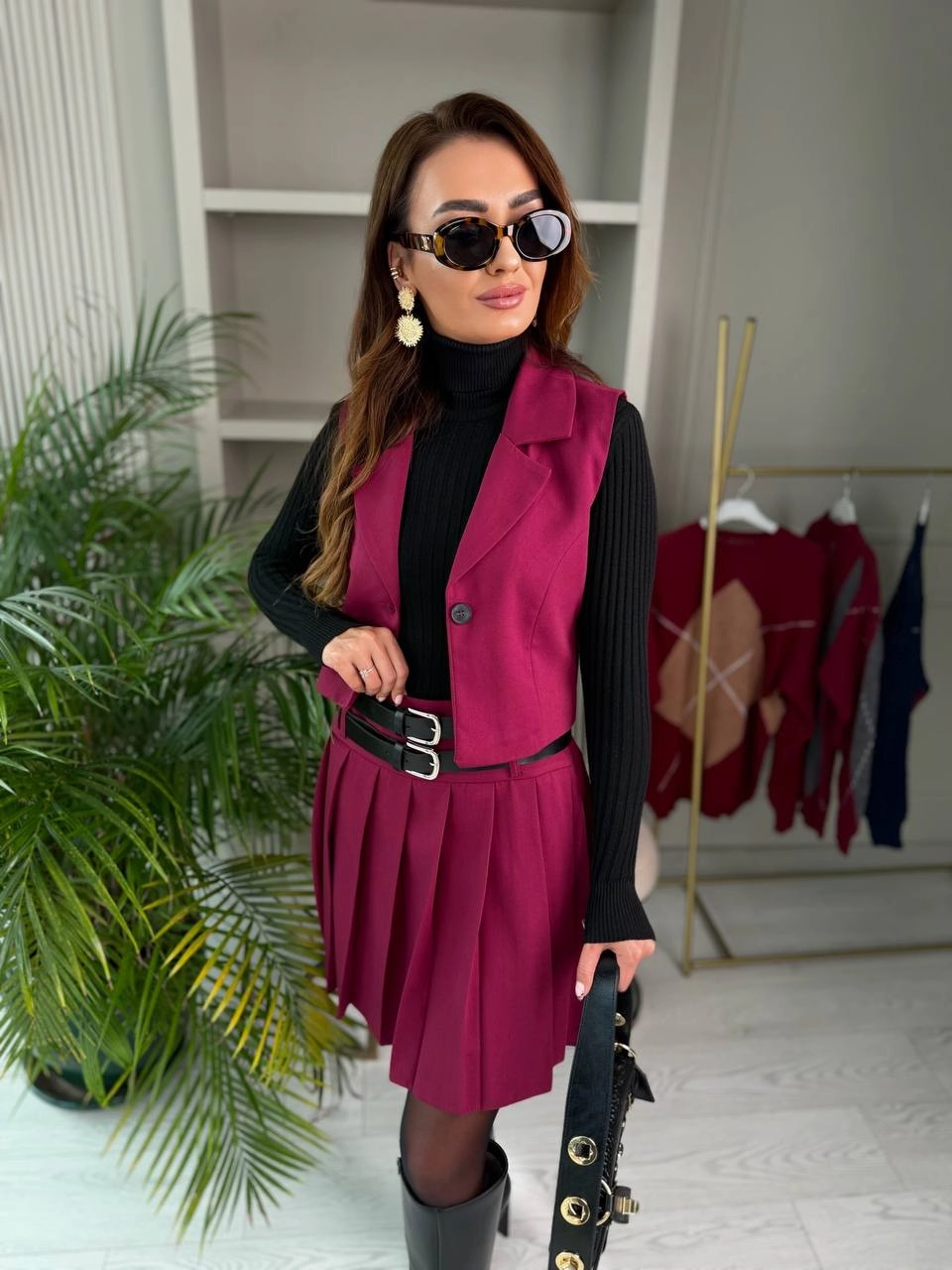 Bordo%20Kemerli%20Poliviskon%20Kumaş%20Etek%20Yelek%20Takım